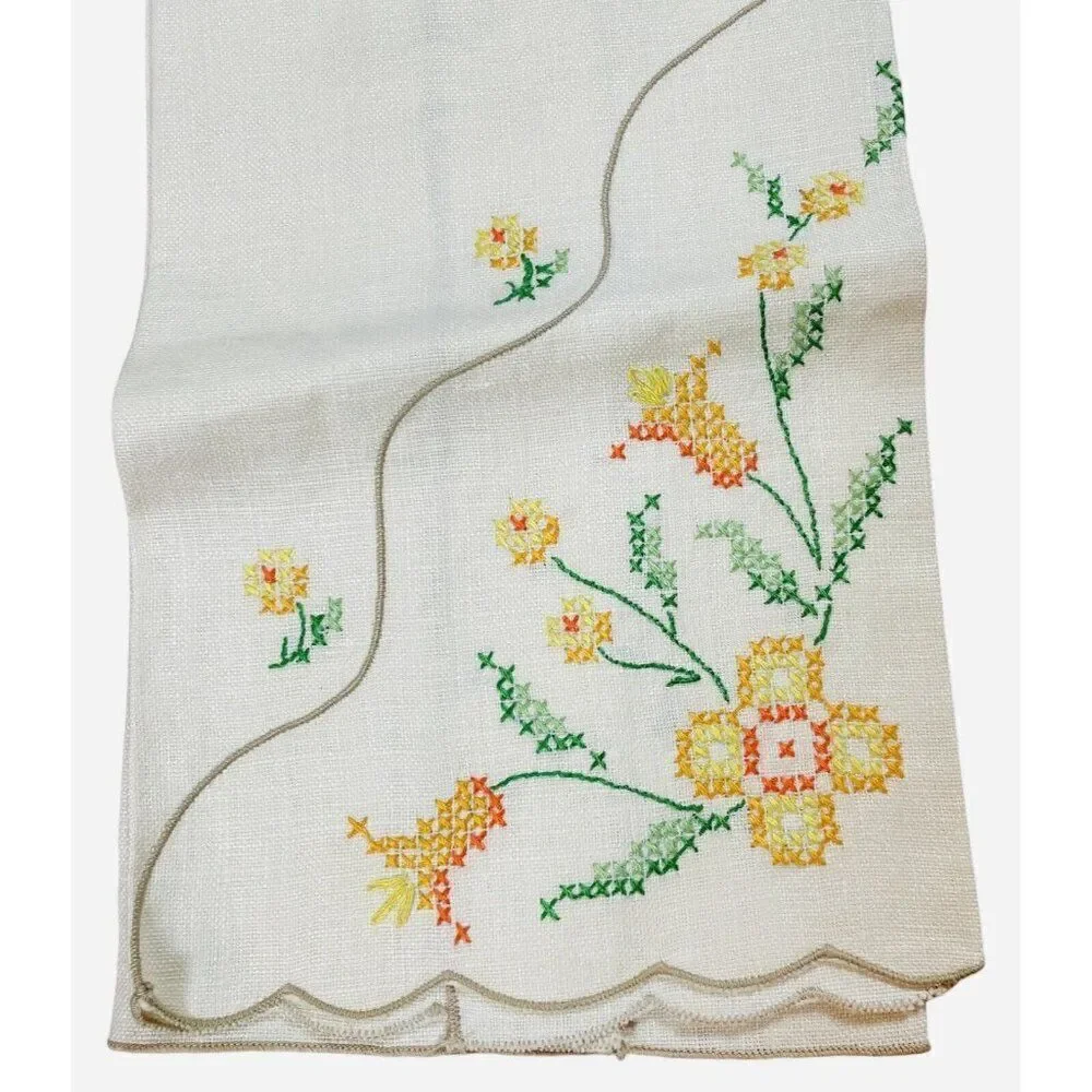Vintage Embroidered Yellow Orange Flower Linen Tea Towels Set 2 Floral 19 x 12